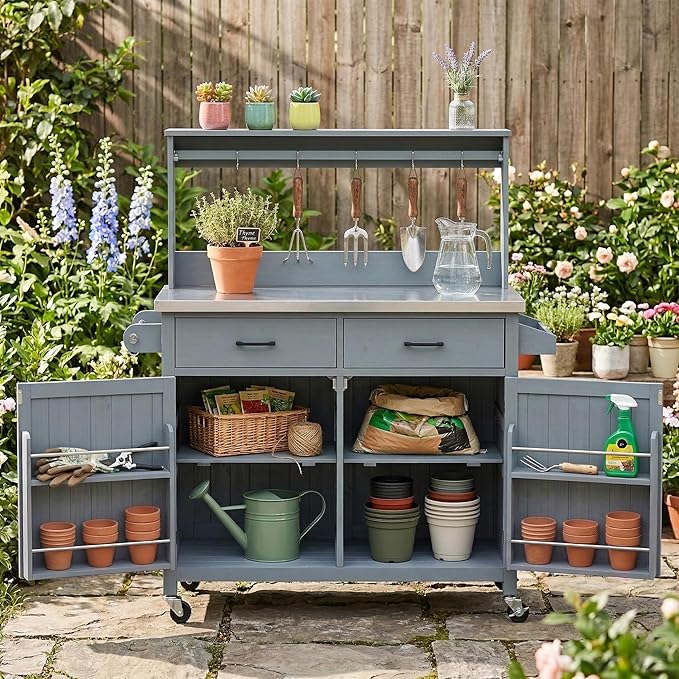 Outdoor Kitchen Island with High Shelf, 53.2" Potting Bench Table with Stainless Steel Top, Storage Cabinet & Lockable Wheels, Solid Wood Grill Cart for BBQ Garden