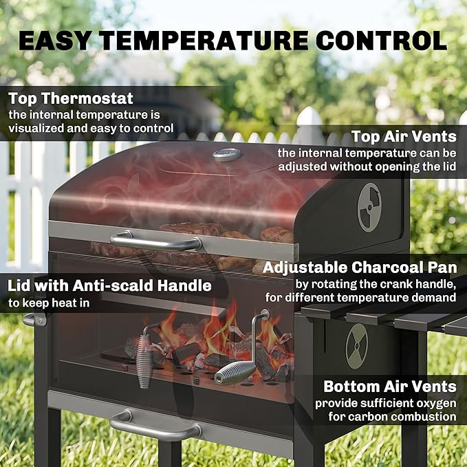 Outsunny Charcoal BBQ Grill, Outdoor Portable Cooker for Camping or Backyard Picnic with Side Table, Bottom Storage Shelf, Wheels and Handle, Black