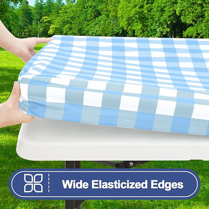 Smiry Picnic Table Cloth 2 Pack, Waterproof Elastic Fitted Tablecloths for 8FT Rectangle Tables, Washable Polyester Buffalo Plaid Tablecloth for Camping & Outdoor (Light Blue & White, 30" x 96")