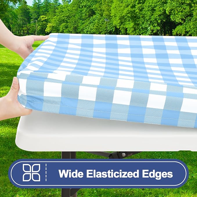 Smiry Picnic Table Cover with Bench Covers, Waterproof Elastic Fitted Tablecloths for 5 Foot Rectangle Tables, Washable Buffalo Plaid Tablecloth for Camping, Outdoor (Light Blue & White, 30"x60")