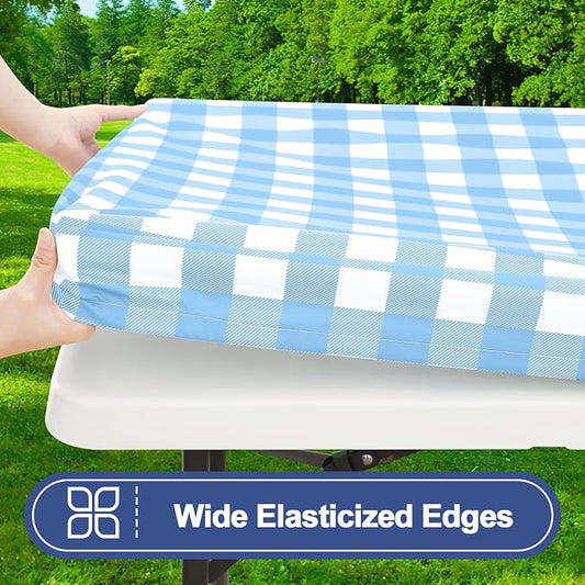 Smiry Picnic Table Cover with Bench Covers, Waterproof Elastic Fitted Tablecloths for 6 Foot Rectangle Tables, Washable Buffalo Plaid Tablecloth for Camping, Outdoor (Light Blue & White, 30"x72")