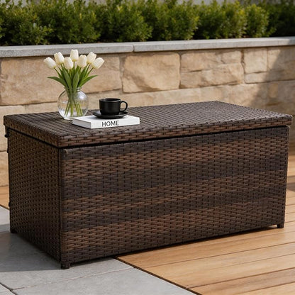 Outdoor 70 Gallon Wicker Storage Box with Waterproof Liner, Patio PE Rattan Storage Container for Outside, Deck Box with Hinged Lid for Cushions, Pillows, Towels, Horizontal Bin, Brown