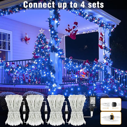 100FT 300 LED Outdoor String Lights, Plug in Christmas Lights Indoor Waterproof with 8 Modes, Connectable Twinkle Fairy Lights Clear Wire for Bedroom Home Patio Yard Party Decorations, Blue and White