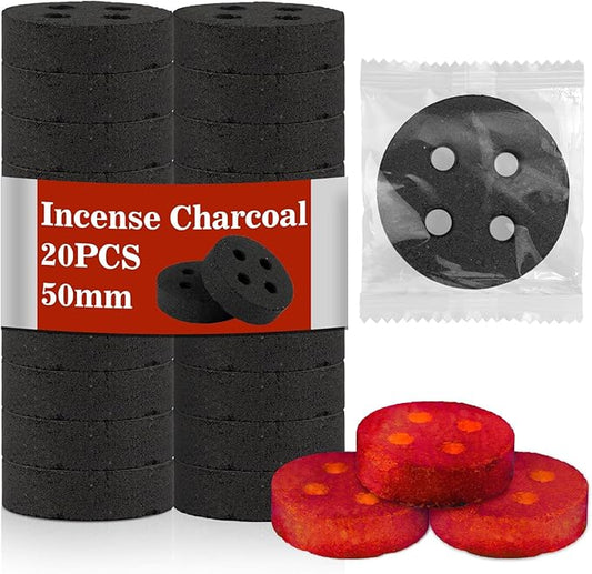 MAQIHAN 50MM Incense Charcoal Briquettes - 20PCS Charcoal Tablets Incense Burner Charcoal Burning Discs Resin Burner Grilling Quick Light Natural Charcoal Instant Fire Copal Bakhoor Coals Supplies