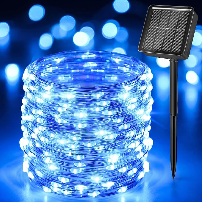 Solar String Lights for Outside, 33Ft 100 LED Fairy Lights Blue ＆ white | IP65 Waterproof Solar Twinkle Lights Outdoor & Indoor, Patio Lights for Tree Garden Christmas Party Wedding Decoration