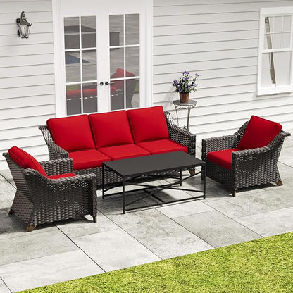 4 Pieces Outdoor Conversation Furniture Set - 77" Patio Sofa, 2 Wicker Armchairs, 1 Metal Coffee Table, Patio Wicker Furniture Set with Water-Resistant Cushions for Sunroom (Red)