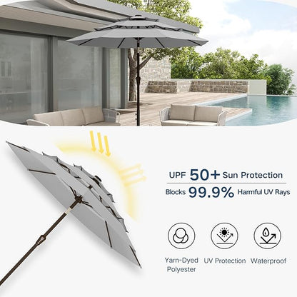 10FT Patio Umbrella 3 Tiers Outdoor Market Umbrella w/Push Button Tilt, Crank, UV and Waterproof Table Umbrella for Garden, Pool, Backyard, Deck, Lawn, Light Gray