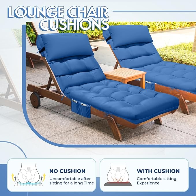 Outdoor Chaise Lounge Cushion, Waterproof Lounge Chair Cushion for Outdoor Furniture, 71 x 21 x 4 Inches Patio Cushion with Straps for Lawn Pool Furniture (Royal Blue, Lounge Chair Cushion)