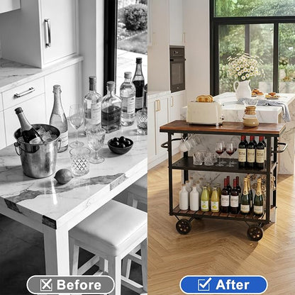 Farmhouse Mobile Cart with Wheels for Home Kitchen Industrial Rolling Food Cart Outdoor Vintage Wood and Metal Design Utility Cart in Office Coffee House 3 Tier with 2 Side Handle