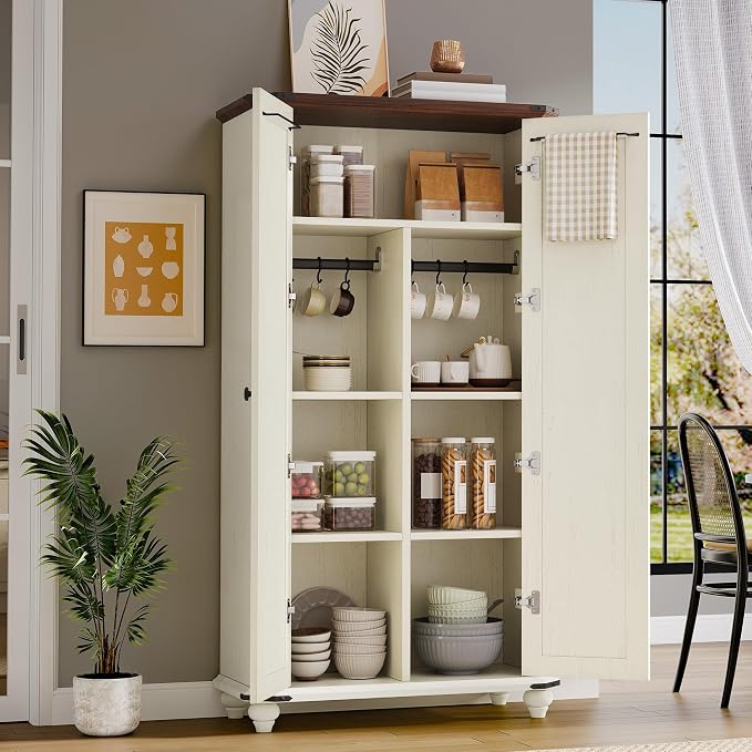 DWVO 67"' 4-Tier Farmhouse Kitchen Pantry Cabinet with Shutter Doors, White | Storage Cabinet with Adjustable Shelves, Hooks & Hanging Rods, Sturdy Cupboard for Kitchen, Dining Room, Living Room