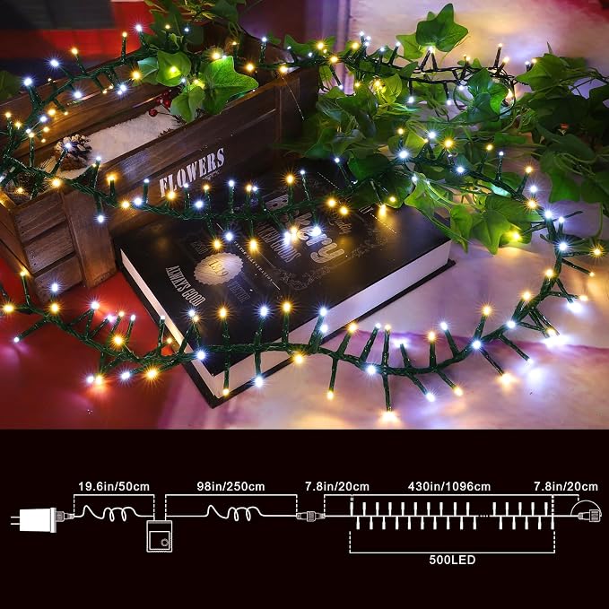 500 LED String Lights - Outdoor/Indoor Plug-in Twinkle Fairy Lights, 46ft 500LED, Warm White & White