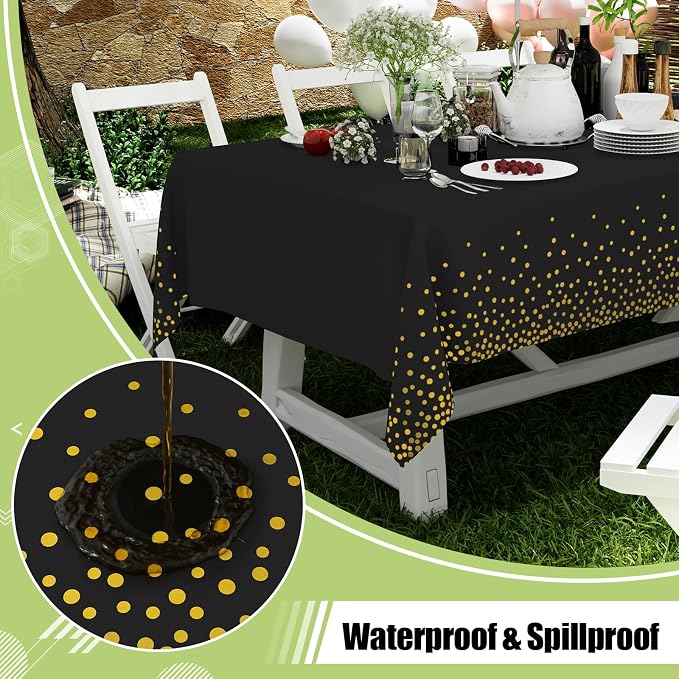 Smiry Disposable Table Cloth - 6 Pack, 54 x 132 Inch Waterproof Rectangle Tablecloths for Parties, Decorative Plastic Table Cover, Leakproof & Sturdy, Black & Gold