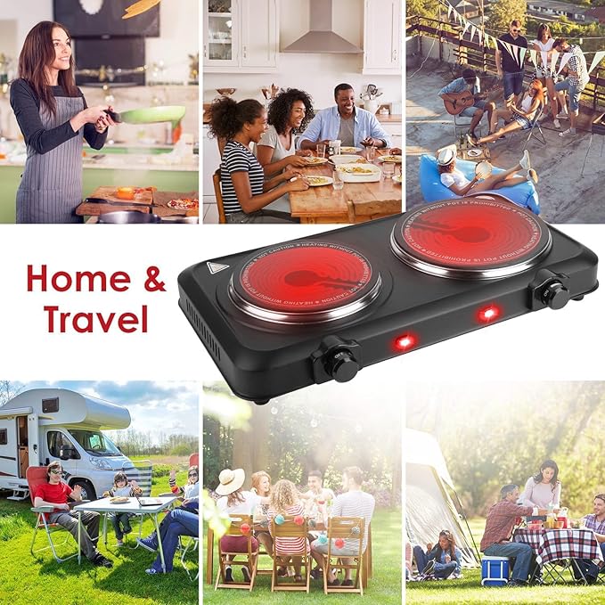 1800W Infrared Dual Burner Portable Electric Hot Plate | 7.5” & 6.3” Glass Cooktops with Stepless Temperature Control (302℉ to 1022℉) | Compact Heating Solution for Home, RV, Camping, and Dorms