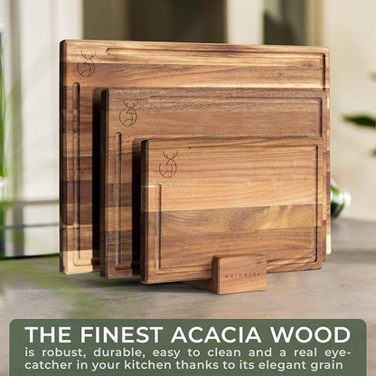 WALDWERK Cutting Board Set (15.75 x 12/13 x 9.5/10 x 7 in) out of Solid Acacia Wood - 0,8 in Thick Cutting Boards for Kitchen - Wood Cutting Boards - Wooden Chopping Boards for Kitchen