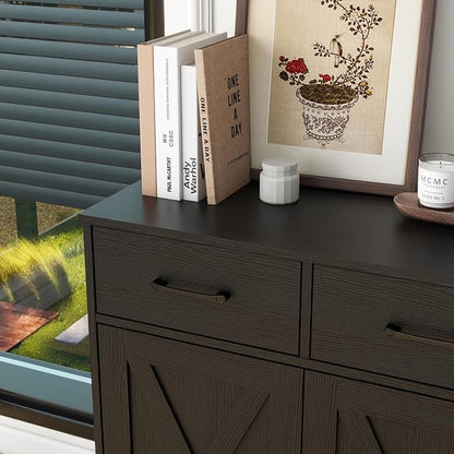Panana Sideboard 2 Drawers 2 Doors Entryway Storage Cabinet Living Room Organizer Farmhouse Style Wooden Kitchen Cupboard (Black)