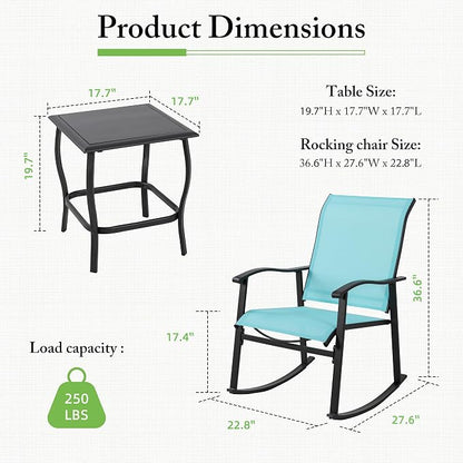 Shintenchi 3 Piece Rocking Bistro Set, Outdoor Furniture with Rocker Chairs and Glass Coffee Table Set of 3, Balcony, Porch Furniture for Small Space, Blue