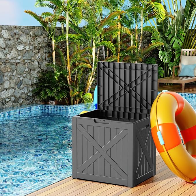 PatioZen 32 Gallon Resin Deck Box, Lockable Outdoor Storage Box for Patio Cushions Storage Furniture,Garden Tools, Pool Supplies, Weatherproof and UV Resistant (Black)