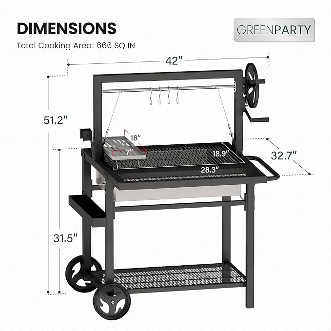 Argentine Santa Maria Grill, Wood Fire & Charcoal BBQ Grill with Adjustable Height Grates, Argentinian Open Fire Grill with S-Hooks and Foldable Front Table for Outdoor Patio Backyard Gaucho Grilling