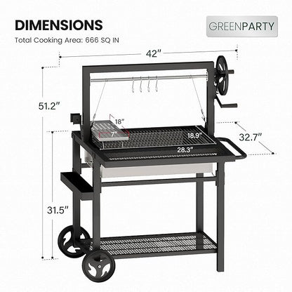 Argentine Santa Maria Grill, Wood Fire & Charcoal BBQ Grill with Adjustable Height Grates, Argentinian Open Fire Grill with S-Hooks and Foldable Front Table for Outdoor Patio Backyard Gaucho Grilling