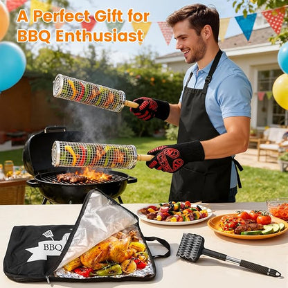 Pro BBQ Grill Tool Set 6-Piece - Stainless Steel Barbecue Accessories Kit with Heat Resistant Gloves, Meat Resting Blanket, Apron, 2 Grill Baskets & Cleaning Brush for Outdoor Camping Gifts