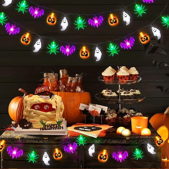 20FT 40LED Halloween Lights Outdoor Indoor Pumpkin Bat Spider Ghost Halloween String Lights Battery Operated, 8 Light Modes Waterproof Fairy Lights Decorations for Home Yard Window Party Outside Decor