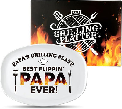 R HORSE Papa Melamine Grill Platter Gift, Barbecue White Oval Serving Tray | Christmas Birthday Gift for Dad, Papa, Grandpa, Ideal for Appetizer, Dessert, Salad, Outdoor Indoor Dinner Party
