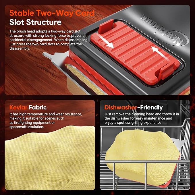 NEWKITCHEN Grill Brush Bristle-Free Steam Replaceable Cleaning Head [No Handle] Heat-Resistant Kevlar Head with Grill Scraper, Safe Barbecue Grill Cleaning Head for All Grill Types
