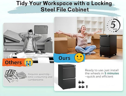 Approgreent 2 Drawer Metal File Cabinet, Fully Assembled Locking Filing Cabinet with Anti-Tipping Wheels, Quiet Slide, Heavy-Duty Steel Construction, Fits A4 Letter Legal for Home Office, Matte Black