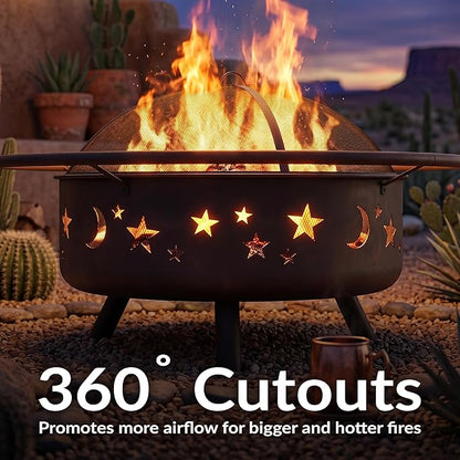 Sunnydaze Cosmic 42-Inch Large Outdoor Fire Pit - Wood-Burning Firepit for Outside Patio, Backyard, Deck - Steel - Wood Grate, Spark Screen, and Fireplace Poker Included - Bronze - 31” Bowl Diameter