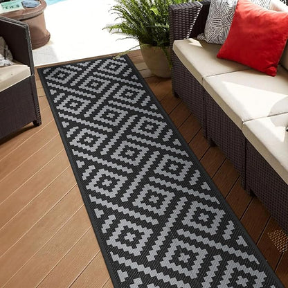 GENIMO Outdoor Rug, Waterproof Plastic Runner Rugs, 2.5'x8' Black Grey | Outside Modern Carpet Mat for Patio Decor, Porch, Deck, Balcony, Camping, RV, Picnic, Beach, Reversible, Foldable