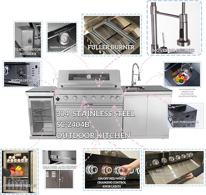 96 Inches 6-Burner 72,000 BTU Deluxe Stainless Steel Propane Gas Grill Outdoor Kitchen Island,Sink,Storage Cabinet and Beverage Refrigerator Storage&Drawers for Patio Backyard,Silver