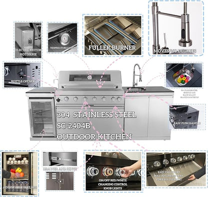 96 Inches 6-Burner 72,000 BTU Deluxe Stainless Steel Propane Gas Grill Outdoor Kitchen Island,Sink,Storage Cabinet and Beverage Refrigerator Storage&Drawers for Patio Backyard,Silver