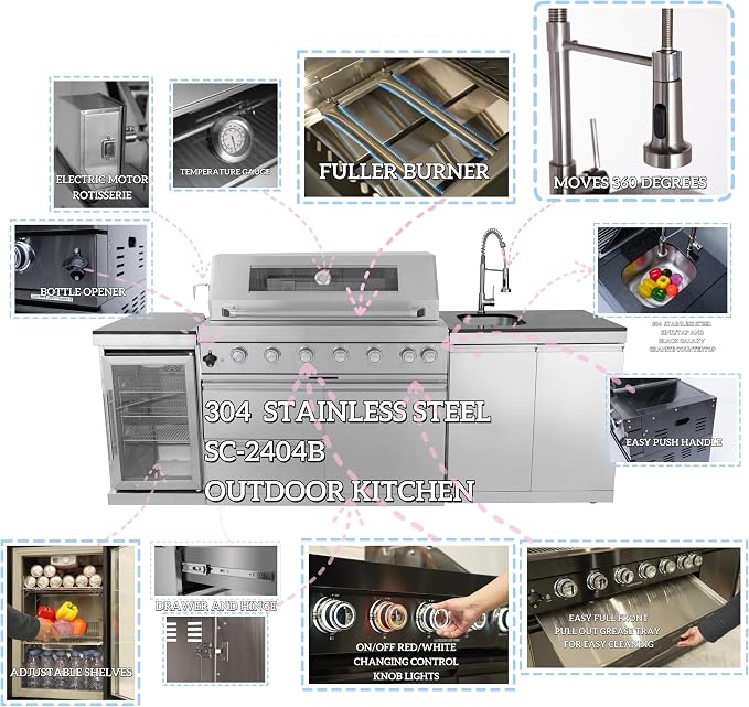 BBQ Island Outdoor Kitchen: 96-Inch 6-Burner 85000 BTU Modular Outdoor Grill Islands with Grill + Wine Cooler Refrigerator + Rotisserie + / Steel Sink/Storage Cabinets & Drawers