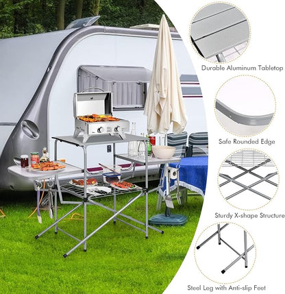GIANTEX Folding Grill Table with 26'' Main Tabletop, Portable Aluminum Camping Table, Carrying Bag, Quick Set-up, Outdoor Camping Kitchen Food Prep Station for Picnic Tailgating RVing Backyard