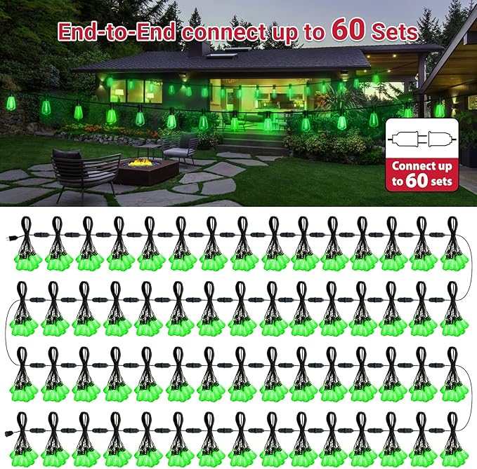 LAMPHOME Outdoor String Lights, Green Patio Lights Waterproof 26FT ST38 12+1Shatterproof Connectable LED Edison Bulbs, Hanging Lights for St. Patrick's Day Backyard Garden Porch Christmas Bistro Decor
