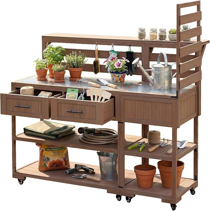 GDFStudio Elshire Patio Kitchen Island Cart with Storage, Wooden Outdoor Storage Cabinet with Stainless Steel BBQ Prep Table Top, Drawers, Raised Shelf and Lockable Wheels, Garden Potting Bench, Brown