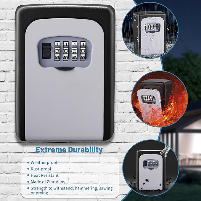 Key Lock Box Wall Mounted,4 Digit Combination Weatherproof Lockbox for Outside House,5 Keys Large Capacity Lockbox,Key Safe Security Storage Lock Box with Resettable Code for Indoor Outdoor Garage