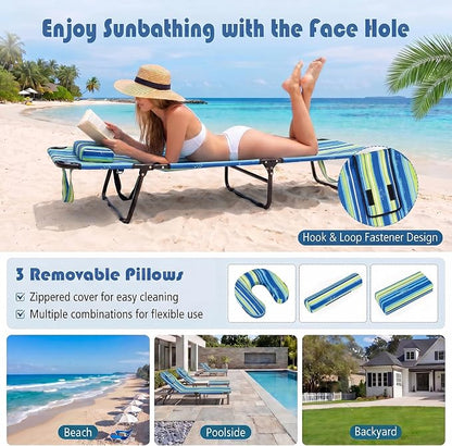 Goplus Folding Chaise Lounge Beach Chair, Face Down Tanning Chair with Face Hole Detachable Pillow, Great for Outside Pool Patio Backyard, 5-Position Adjustable (2, Blue)
