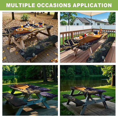 ANNA QUEEN Camping Adventure 6FT Picnic Table Cover with Bench Covers Set of 3 with Drawstring Bag, Forest Tent Scene 72"x30" Waterproof Picnic Tablecloth & Bench Covers for Outdoor Dining