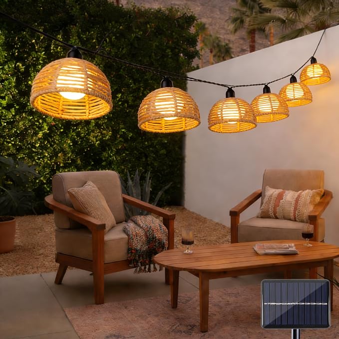 Solar Rattan String Lights Outdoor, 16FT 16 LED Half-Globe Hemisphere Wicker Lanterns, IP65 Waterproof Solar Powered Patio Lights, Boho Decorative Hanging Lighting for Garden Porch Wedding