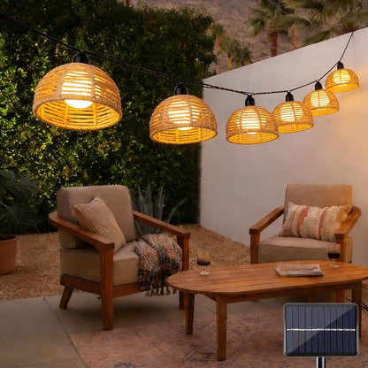 Solar Rattan String Lights Outdoor, 16FT 16 LED Half-Globe Hemisphere Wicker Lanterns, IP65 Waterproof Solar Powered Patio Lights, Boho Decorative Hanging Lighting for Garden Porch Wedding