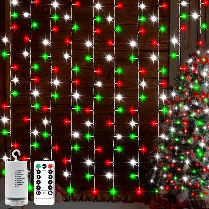 echosari Red White and Green Christmas Curtain Lights Battery Operated | 300 LED Curtain Lights 9.8Ft x 9.8Ft Hanging Lights with Remote Timer for Party Holiday Garden Yard Decor