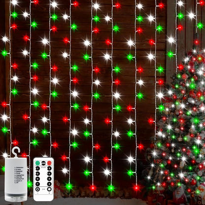 echosari Red White and Green Christmas Curtain Lights Battery Operated | 300 LED Curtain Lights 9.8Ft x 9.8Ft Hanging Lights with Remote Timer for Party Holiday Garden Yard Decor