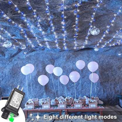 82FT 250 LED Outdoor String Lights, Blue and White Christmas Lights Indoor | Plug in Waterproof 8 Modes Clear Wire String Twinkle Lights for Bedroom Outside Patio Yard Xmas Party Holiday Decorations