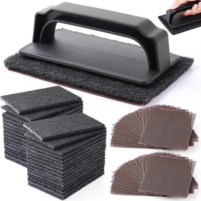 Reallnaive 62 Pcs Griddle Cleaning Kit for Flat Top Grill,Black | Screen Holder, Grill Screens Cleaning Pads, Heavy Duty Abrasive Mesh Pads for Cast Iron, Stainless Steel Griddle Cleaner