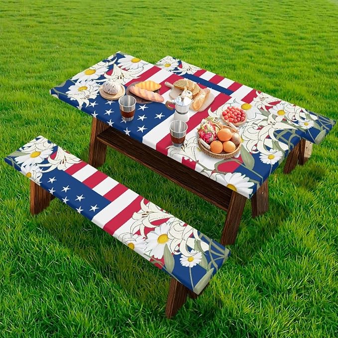 3 PCS Fitted Picnic Table Cover with Bench Cover Fitted Rectangle Tables and Seats Memorial Day Flag Outdoor Picnic Table Cover for Camping