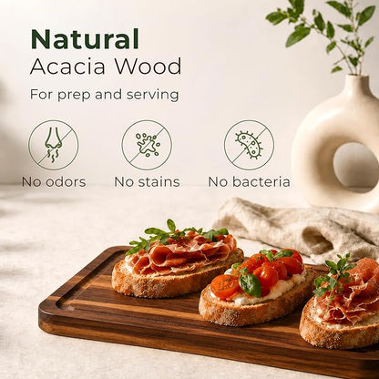 Acacia Wood Cutting Board Set of 3 with Holder, Juice Grooves & Built-in Handles - Durable, Wooden Cutting Boards for Kitchen, Perfect for Chopping, Food Prep and Serving as a Charcuterie