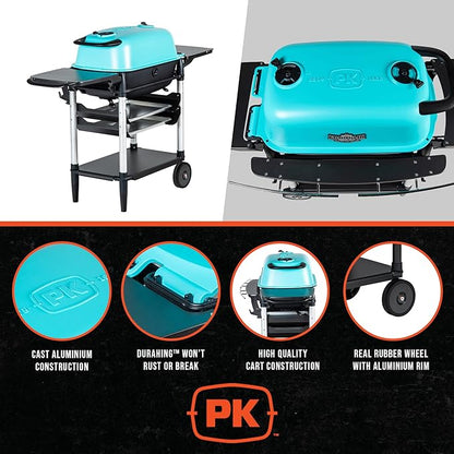 PK Grills Portable Charcoal BBQ Grill and Smoker, Cast Aluminum Outdoor Kitchen Barbecue Grill for Camping, Backyard Grilling, Park, Tailgating, Teal, New Original PK Aaron Franklin Addition