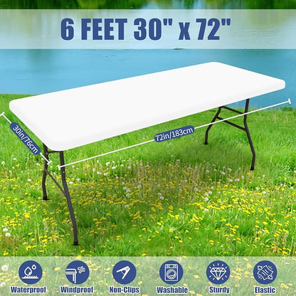 Moosfor 2 Pack Rectangle Spandex Fitted Table Cloth, 6FT Elastic Tablecloth | Washable Picnic Table Cover, Stretch Waterproof Table cloths for Party, Patio, Dining, Kitchen, 30" x 72", White
