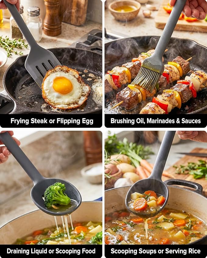 Silicone Kitchen Utensils Set, Heat Resistant Cooking Utensil with Spoon, Scraper, Spatula, Basting Brush & Tongs, BPA-free Non-stick Cookware for Frying, Basting, Serving, Grilling (6 Pack) (GREY)